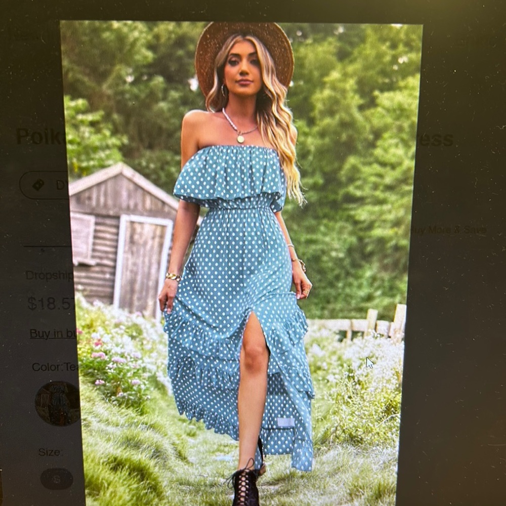 Boutique Polka Dot Strapless Slit Ruffled Maxi Dress - small